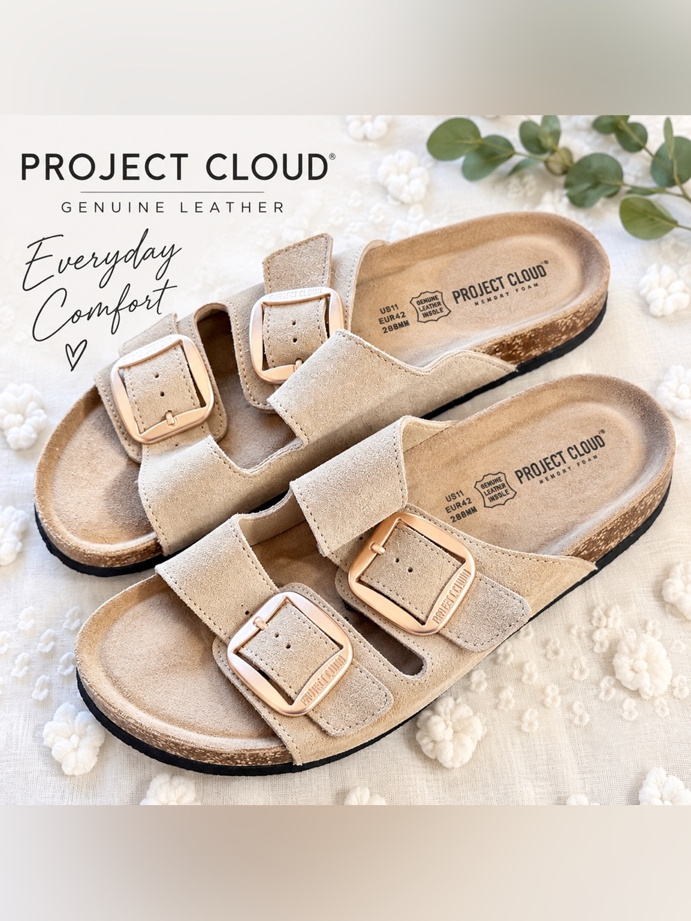 PROJECT CLOUD Genuine Suede Leather Sandals Size 11 Beige Rose Gold Buckle K29